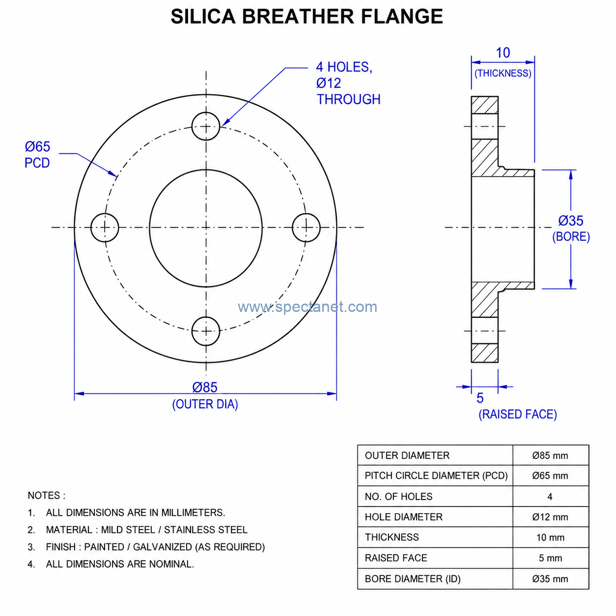 5 KG SILICA GEL BRETHER FLANGE MOUNTING DRAWING 65 PCD