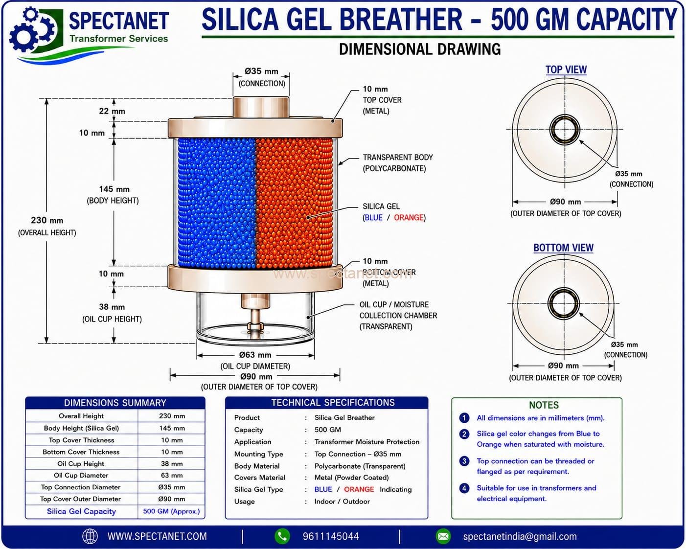 SILICA GEL BREATHER 500 GM DIMENSIONS